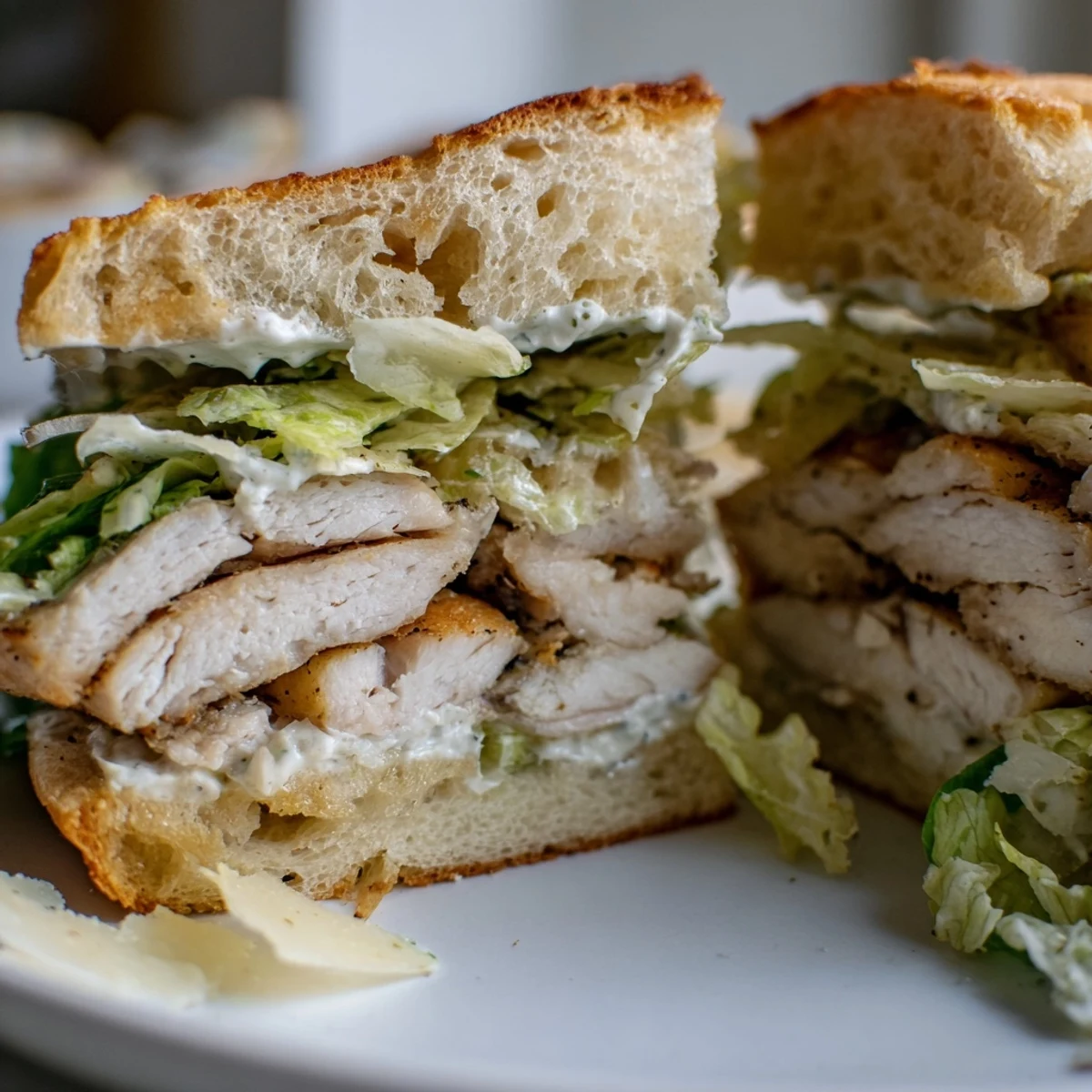 Chicken Caesar sandwich layered with juicy sliced chicken, shaved Parmesan, and fresh romaine lettuce