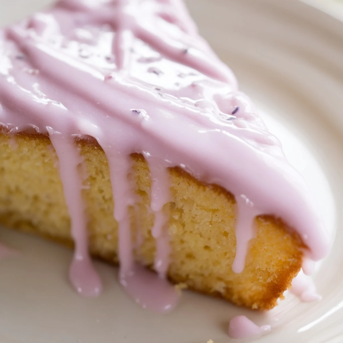 Smooth lavender glaze cascading down a golden pound cake with delicate purple streaks