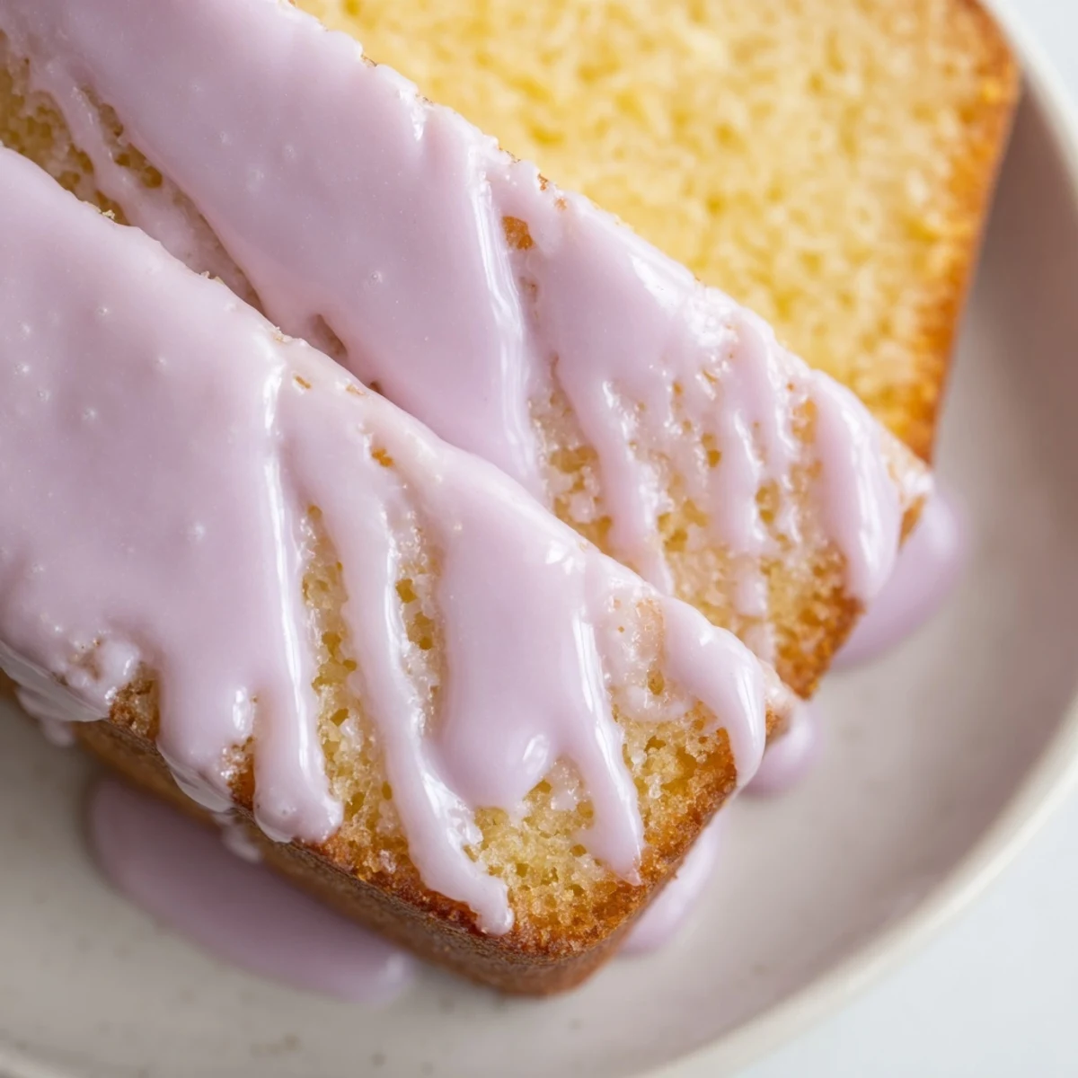 Glossy lavender glaze dripping off fresh baked scones on a rustic white plate