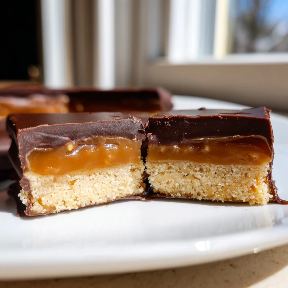Golden Healthy Twix Bars with glossy chocolate topping and creamy date caramel layer