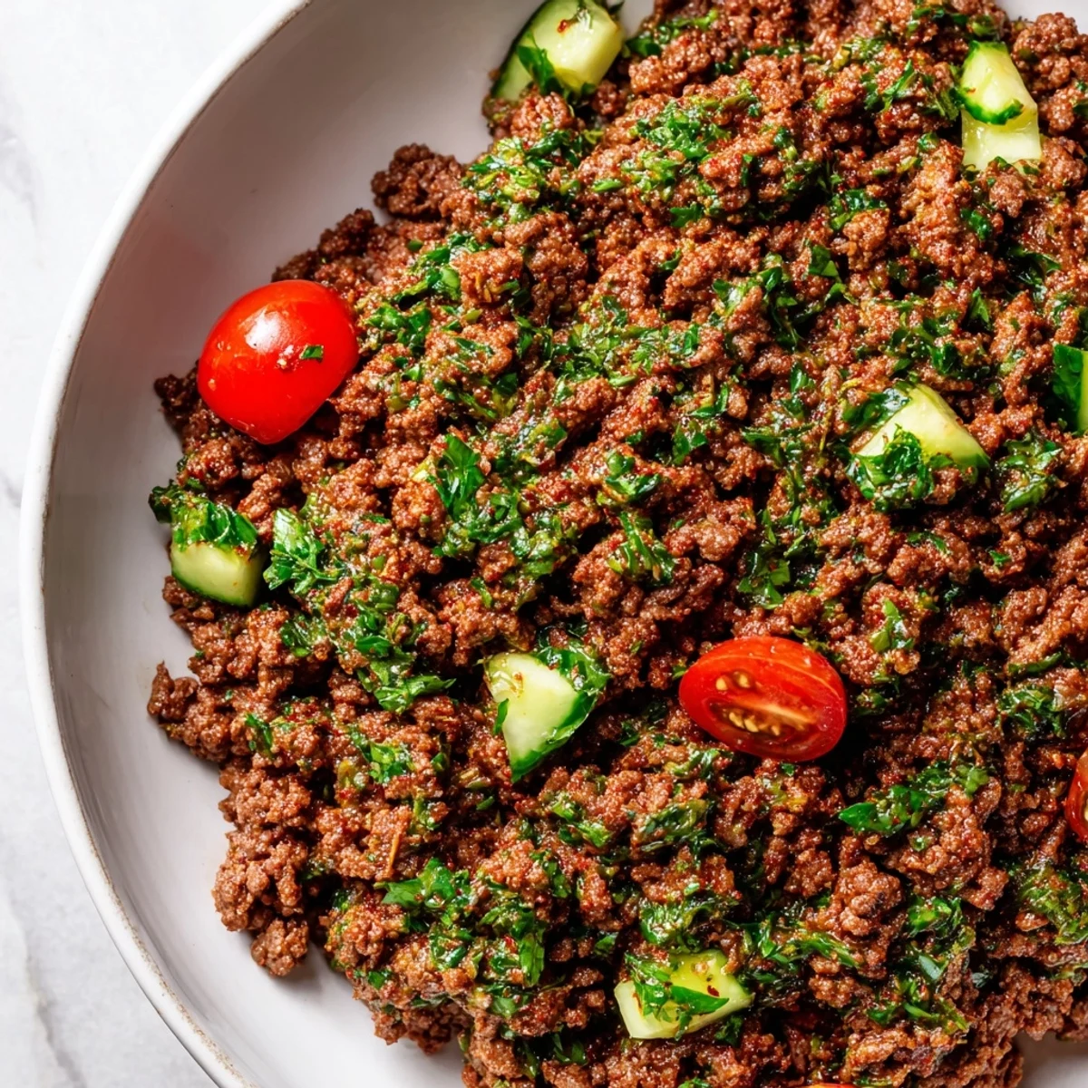 Chimichurri ground beef bowls with vibrant green sauce drizzled over fluffy white rice and fresh vegetables