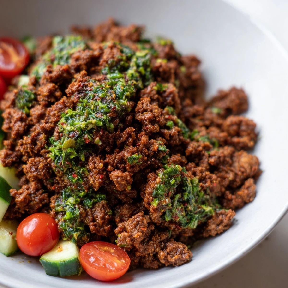 Seasoned Chimichurri ground beef bowls topped with creamy avocado slices, crisp cucumber, and juicy cherry tomatoes