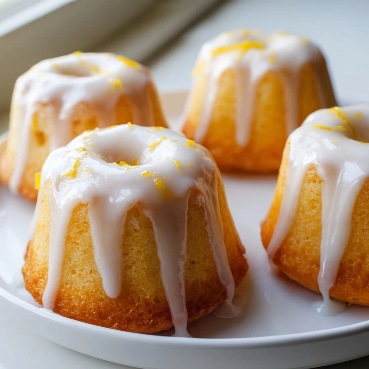 Golden mini lemon cakes drizzled with tangy glaze on a white serving plate
