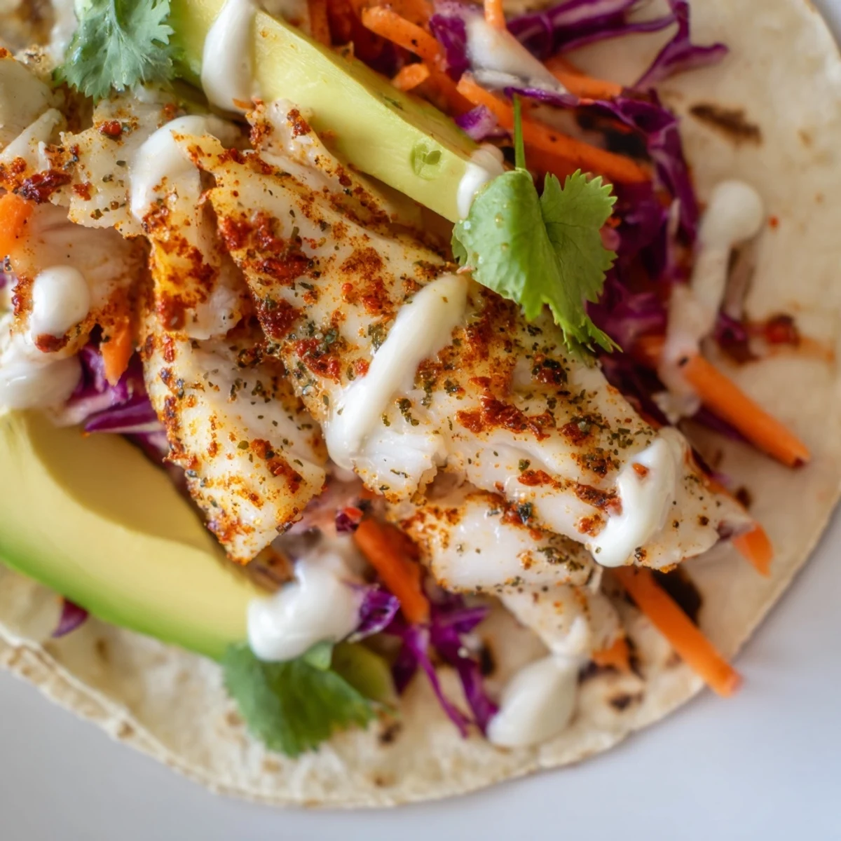 Crispy seasoned tilapia fish tacos topped with vibrant slaw and cool lime crema on warm tortillas