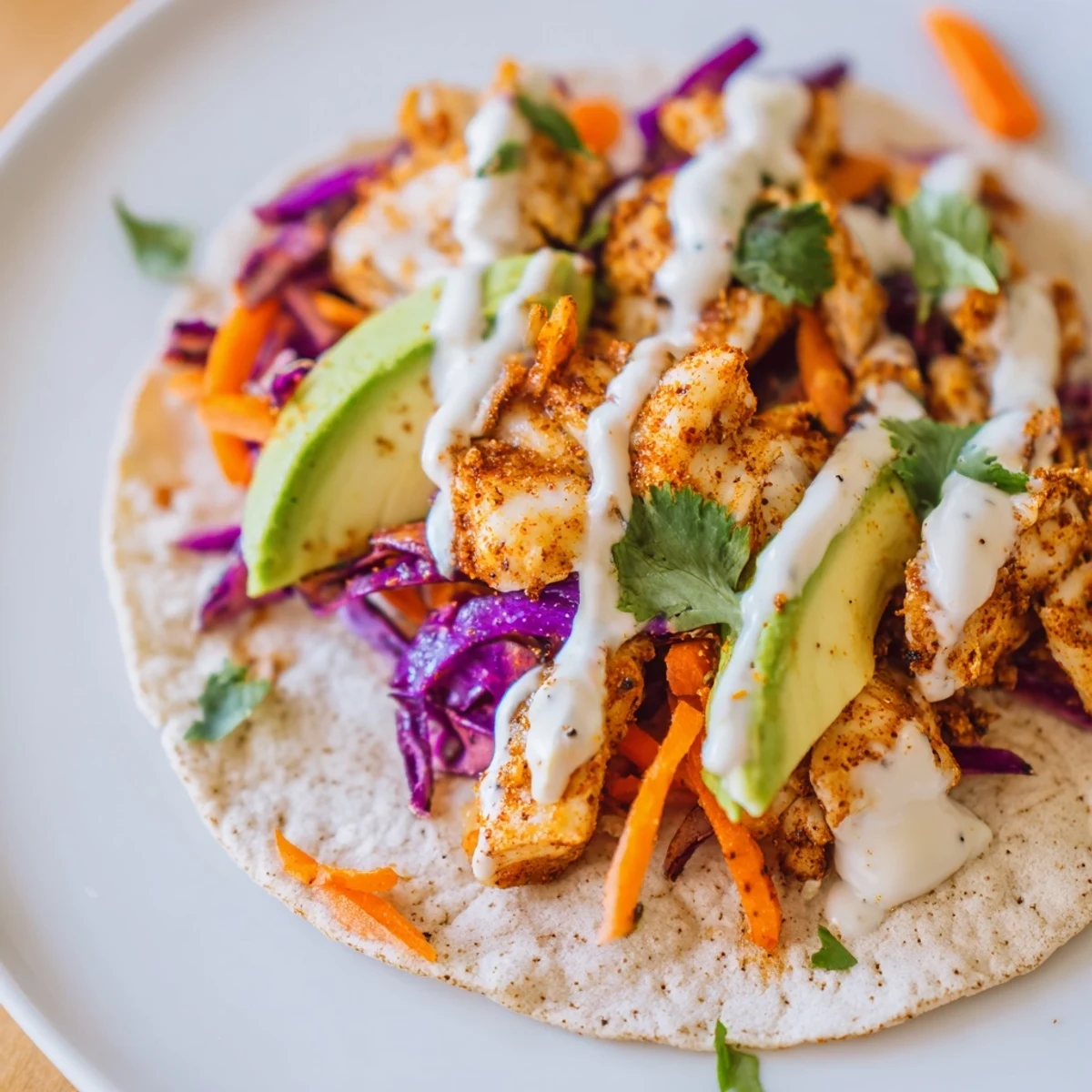 Golden tilapia fish tacos with fresh cabbage slaw, creamy sauce, and avocado slices on corn tortillas