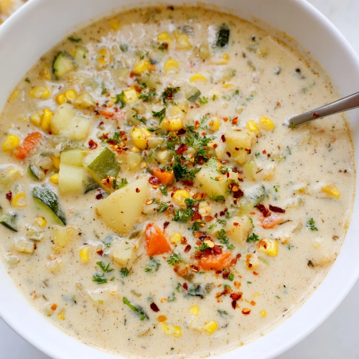 Steaming bowl of potato corn zucchini soup featuring tender vegetables in broth