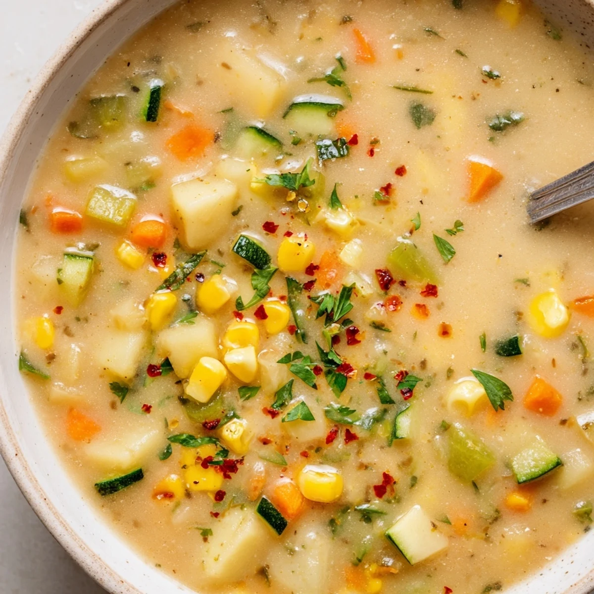 Creamy potato corn zucchini soup in a rustic bowl garnished with fresh parsley