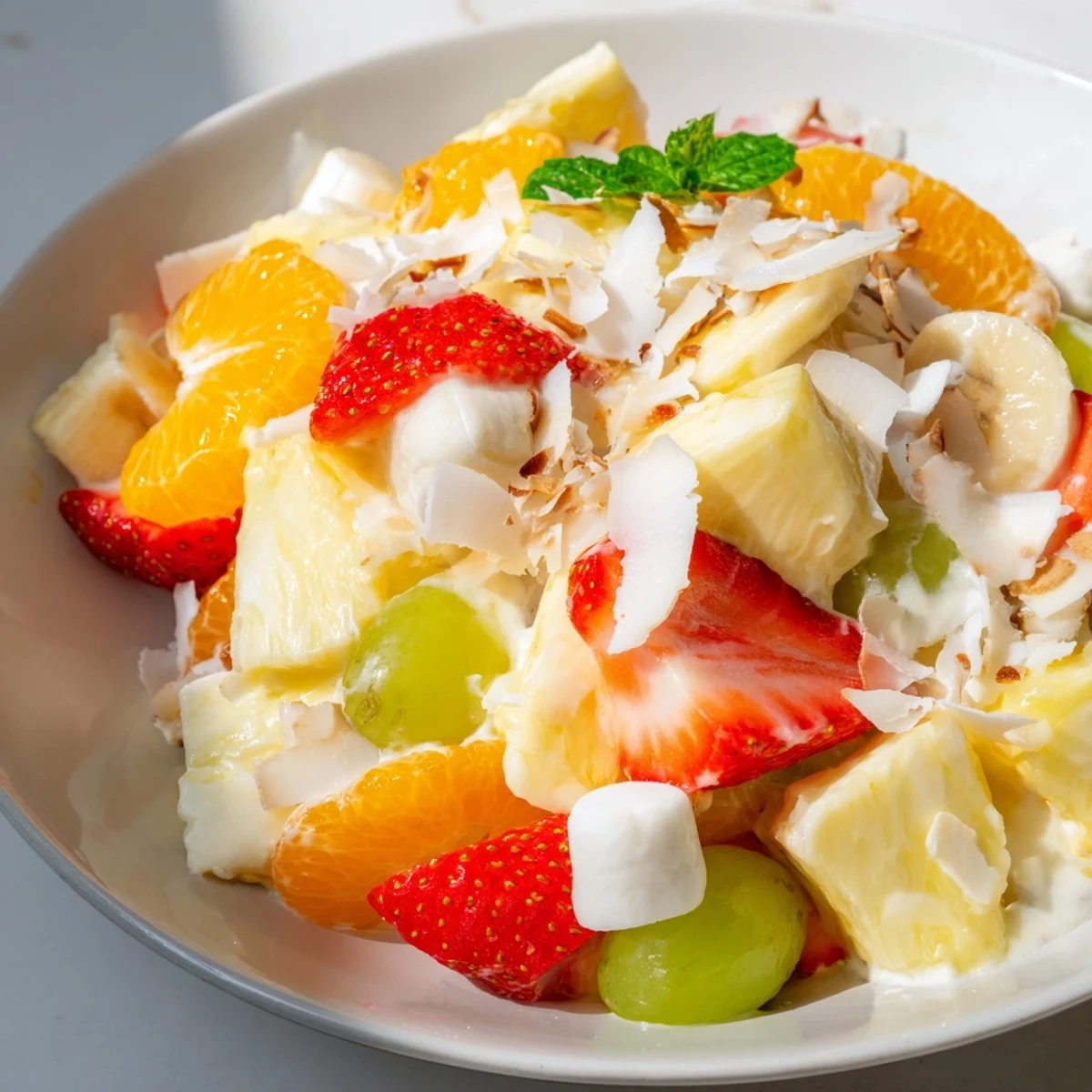 Creamy Hawaiian Cheesecake Salad loaded with fresh pineapple, strawberries, and mandarin oranges