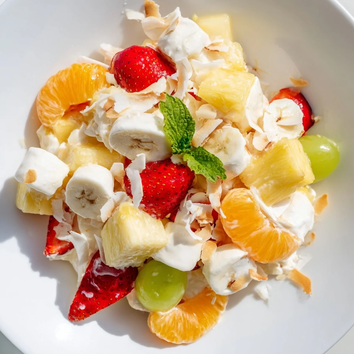 Hawaiian Cheesecake Salad served in a white bowl with toasted coconut garnish