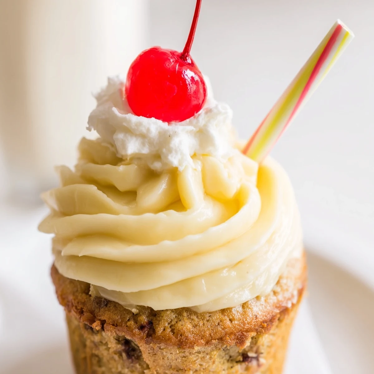 Fluffy banana milkshake cupcakes topped with creamy swirled frosting and bright red maraschino cherry garnish