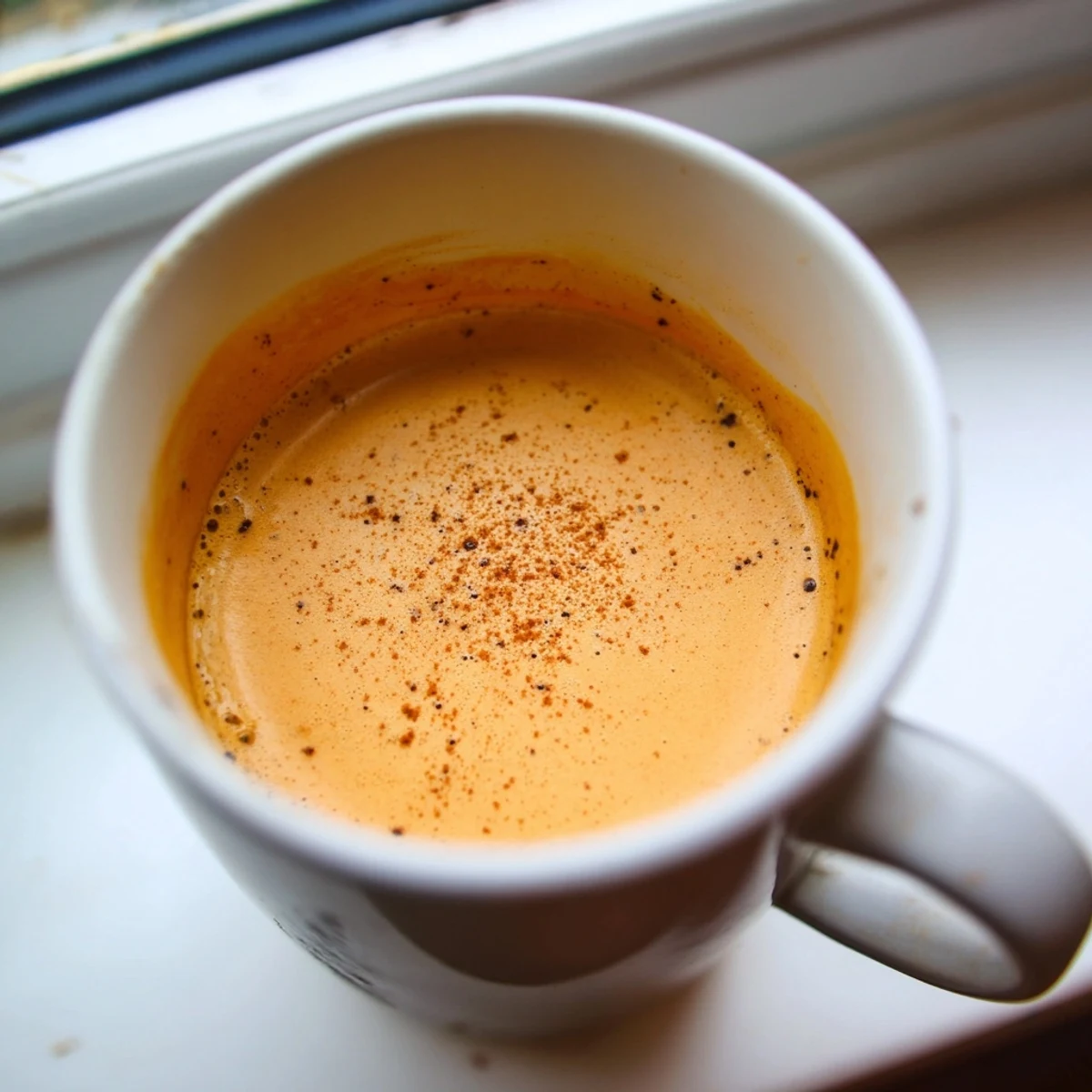 Thick smooth Goguma Latte garnished with nutmeg beside a roasted sweet potato
