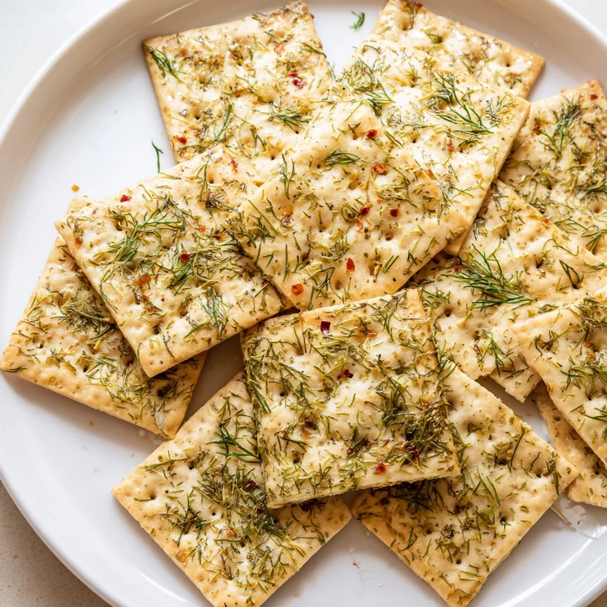 Crispy golden dill pickle saltines coated in herbed butter on a baking sheet