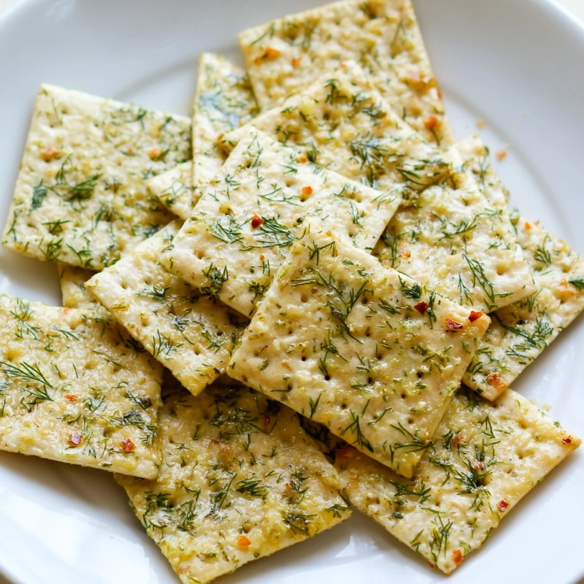 Close-up of zesty dill pickle saltines drizzled with garlic butter and herbs