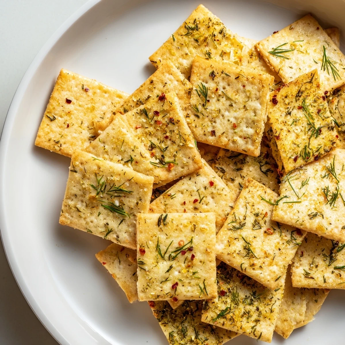 Bowl of dill pickle saltines garnished with fresh dill at a party