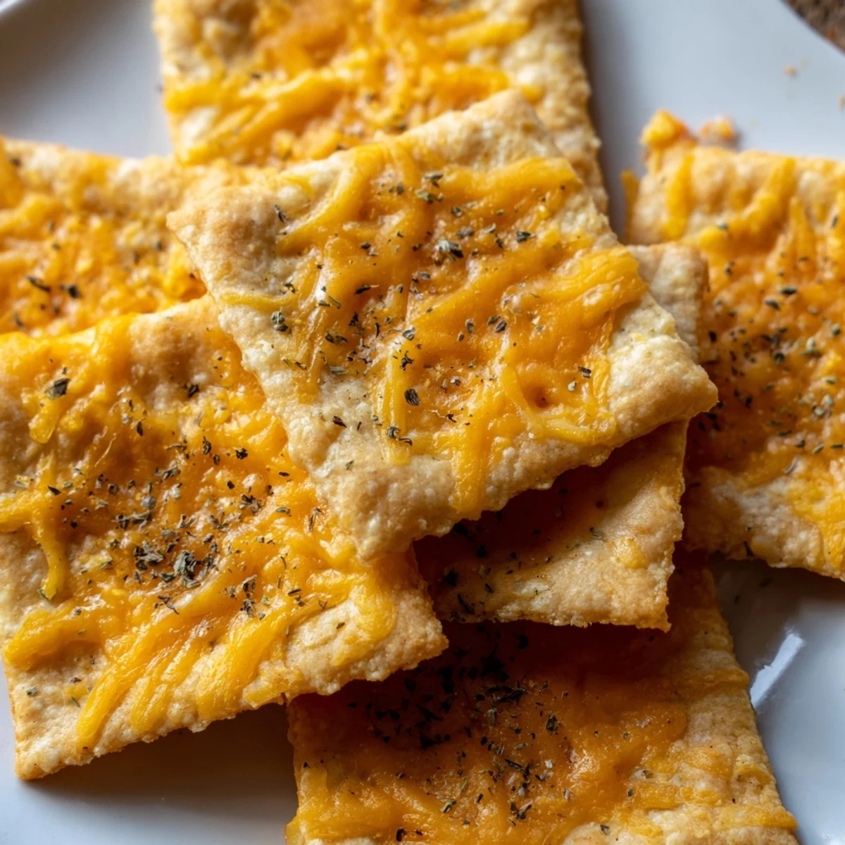 Crispy taco crackers arranged on a rustic board beside fresh salsa and guacamole