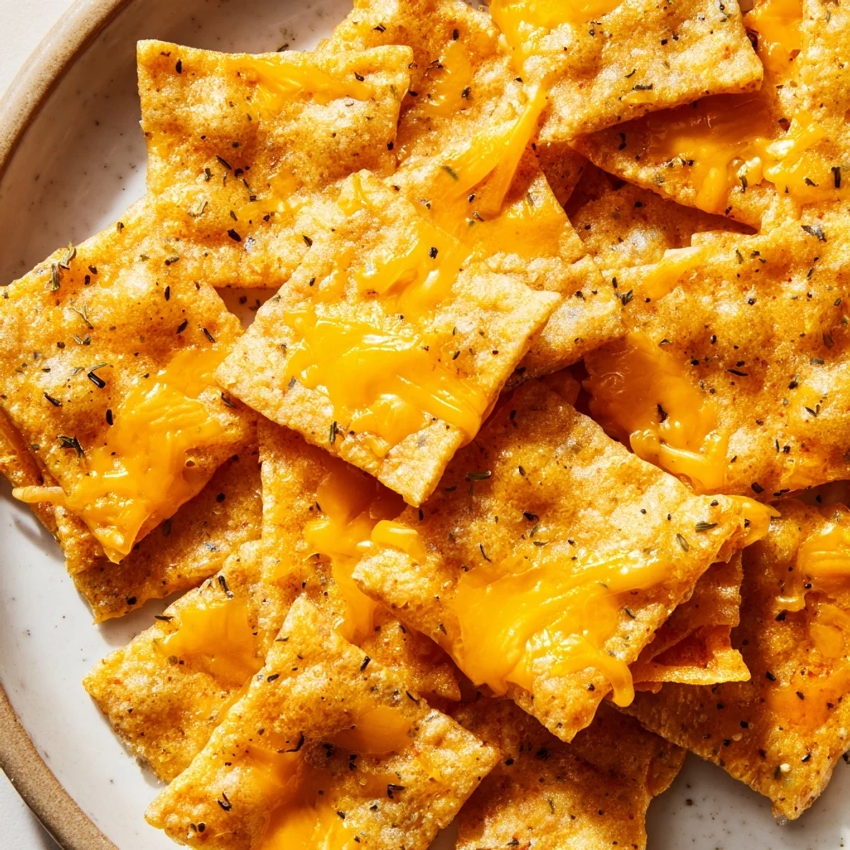 Golden taco crackers sprinkled with melted cheddar and oregano on a baking sheet