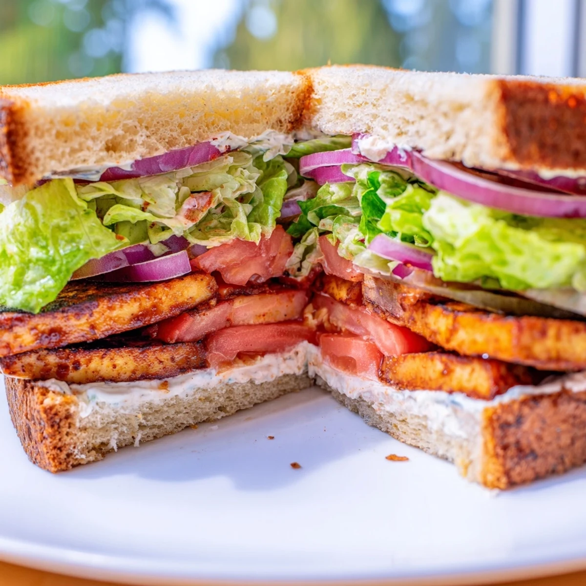 Golden smoky TLT sandwich stacked with crisp lettuce and ripe tomato slices on toasted sourdough bread