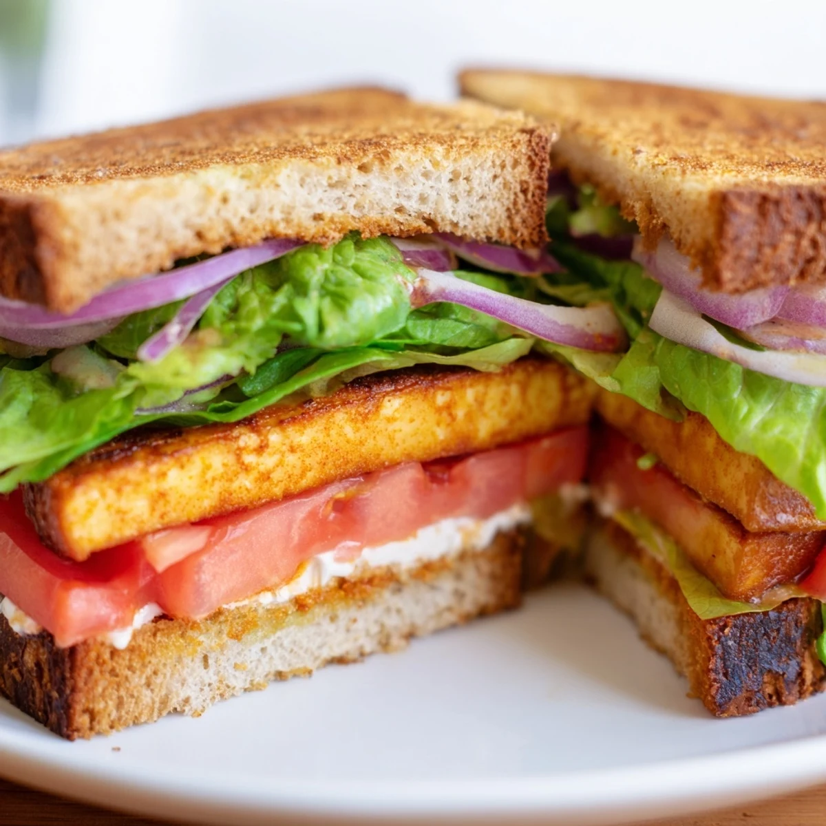 Crispy marinated tofu layered between fresh lettuce and juicy tomatoes in a satisfying TLT sandwich