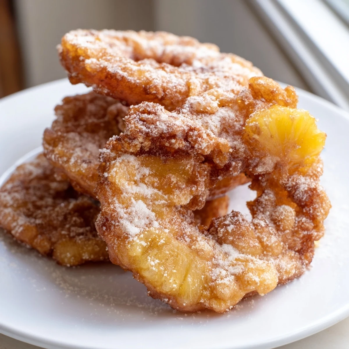 Crispy golden fried pineapple rings dusted with powdered sugar on a rustic plate
