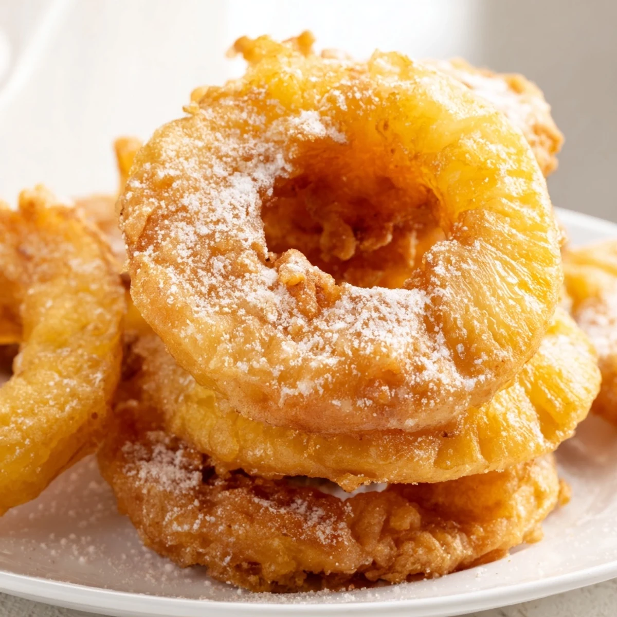 Battered fried pineapple rings caramelized to a deep golden brown and served warm