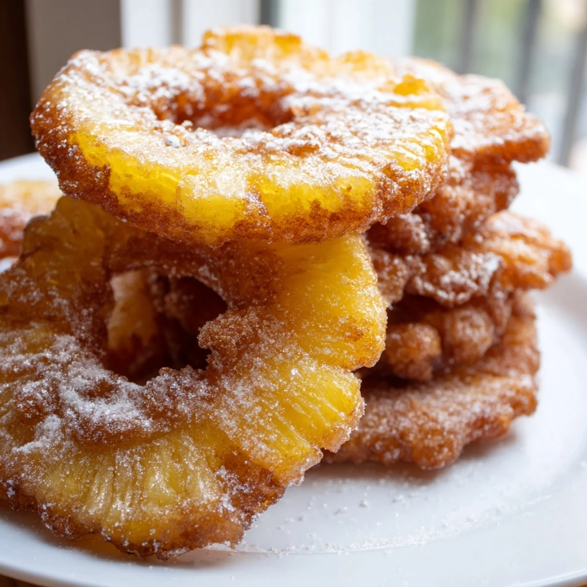Fried pineapple rings stacked on a platter alongside vanilla ice cream and caramel drizzle