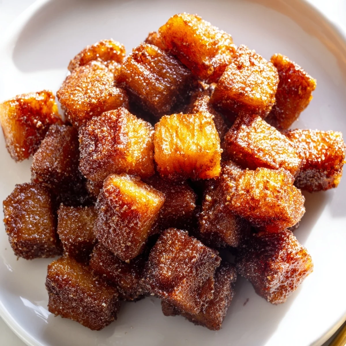 Golden caramelized air fryer pineapple chunks with cinnamon, served warm in a bowl
