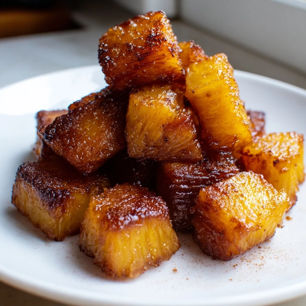 Crispy edged air fryer pineapple chunks glistening with brown sugar and spice