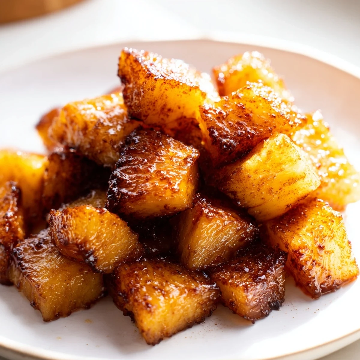 Tender air fryer pineapple chunks topped over yogurt with caramelized golden edges