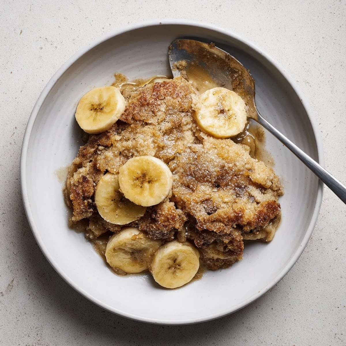 Golden Southern banana cobbler bubbling with cinnamon-spiced fruit under a buttery crust