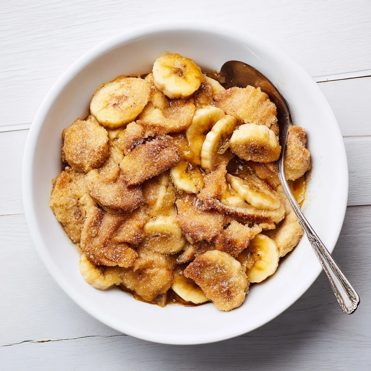 Warm Southern banana cobbler served with vanilla ice cream on a rustic plate