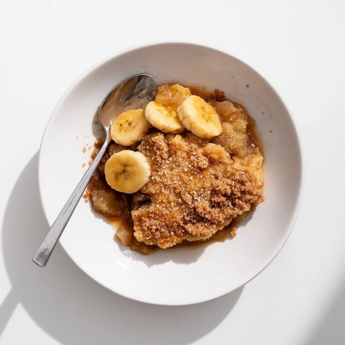 Southern banana cobbler fresh from the oven with a crunchy sugar-topped golden layer