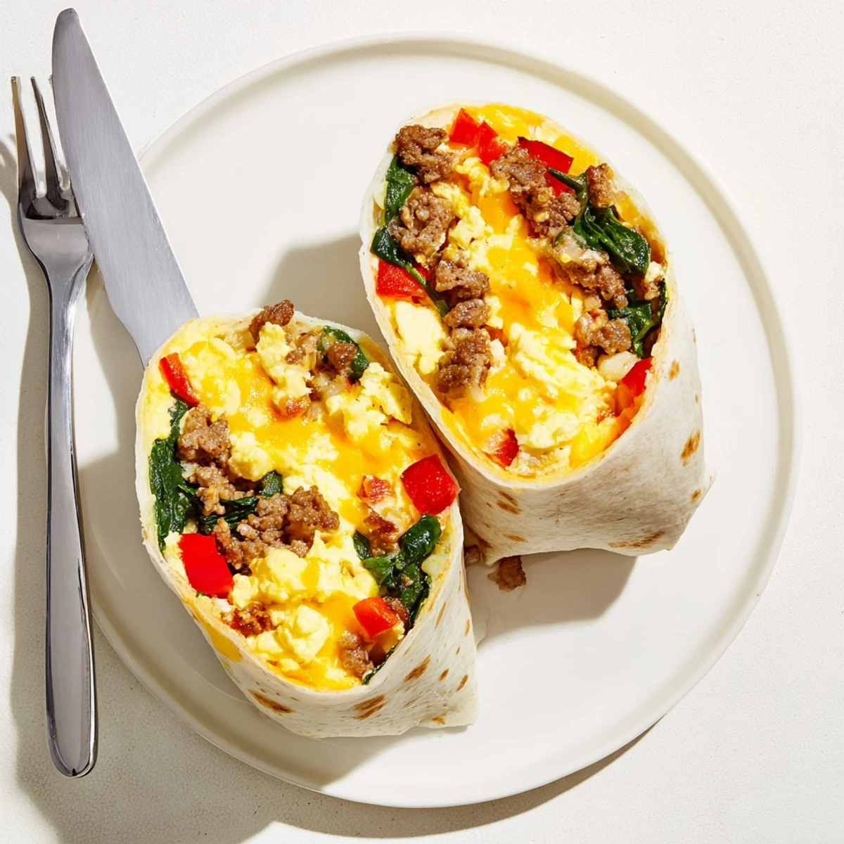 Golden freezer breakfast burritos stuffed with scrambled eggs, sausage, and melted cheddar
