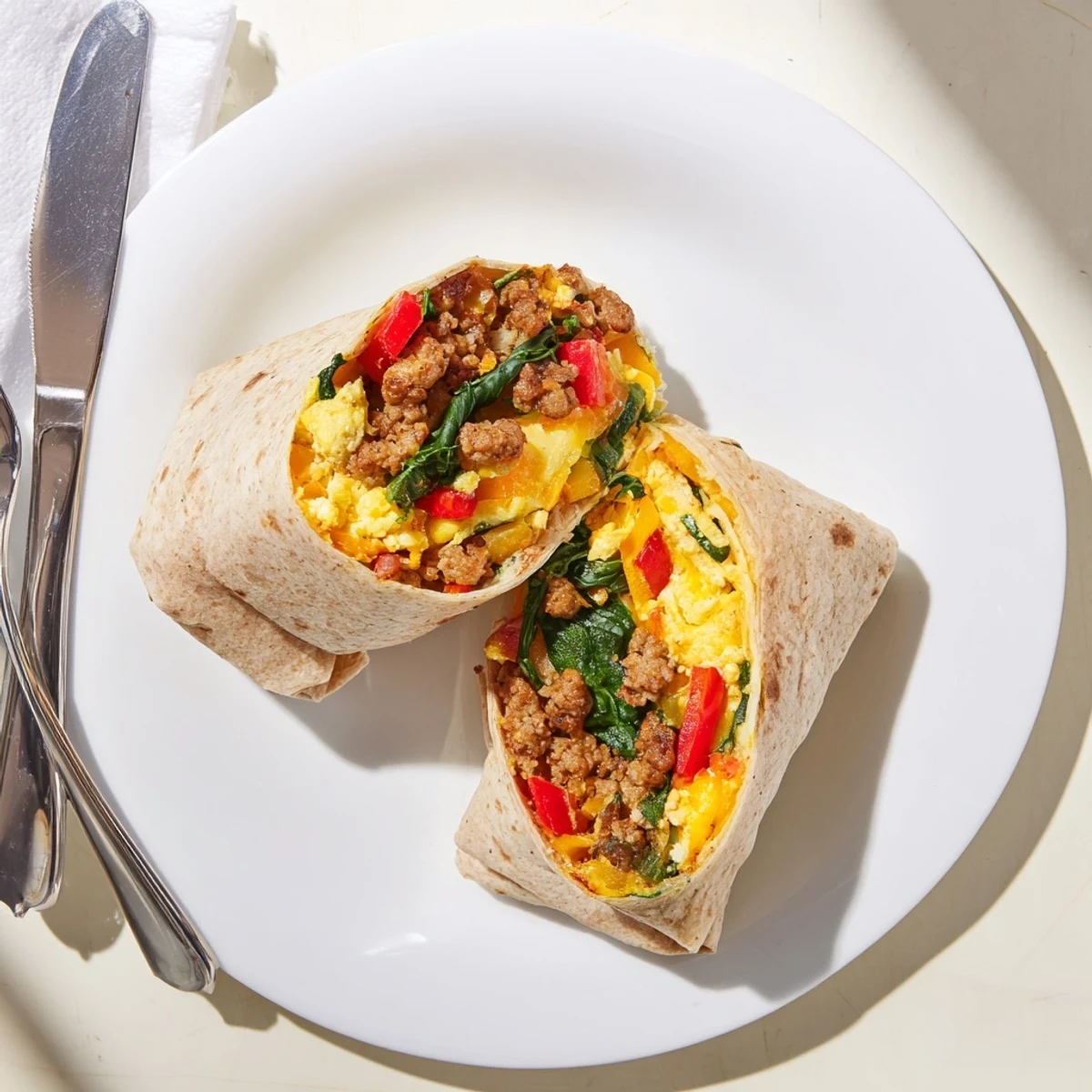 Flour tortillas rolled around cheesy egg and sausage filling in freezer breakfast burritos