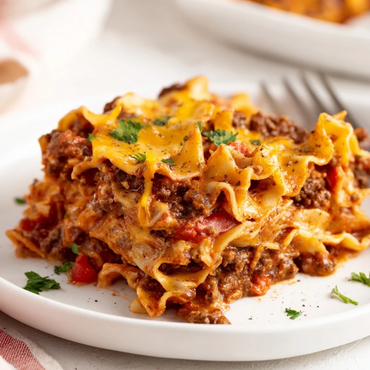 Beef Noodle Casserole bubbling golden, melted cheddar topping and steam rising