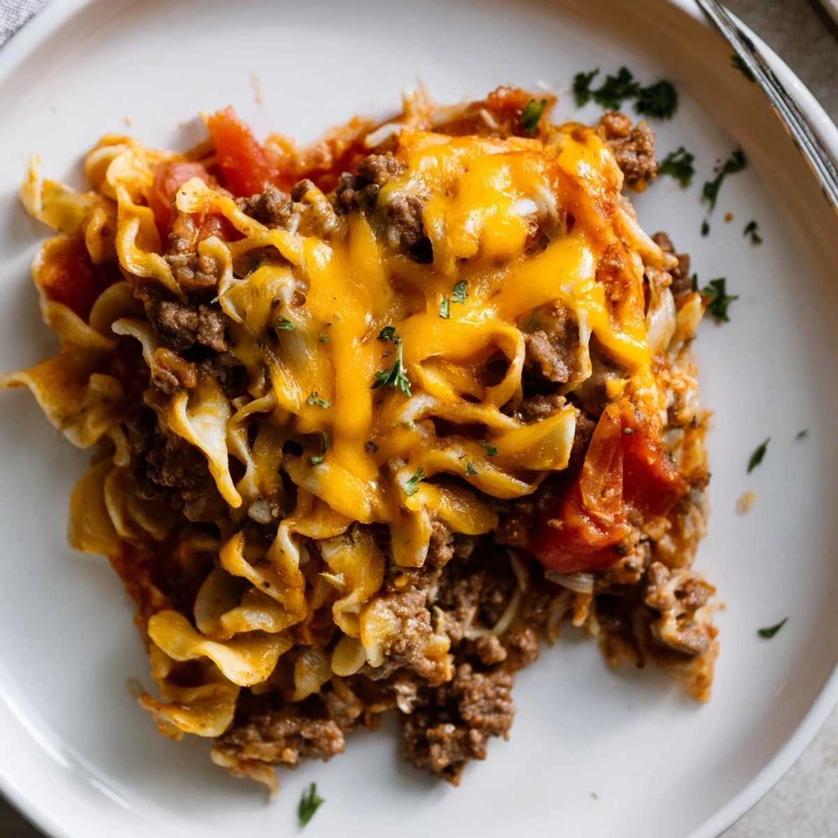 Hearty Beef Noodle Casserole in a baking dish, served with garlic bread