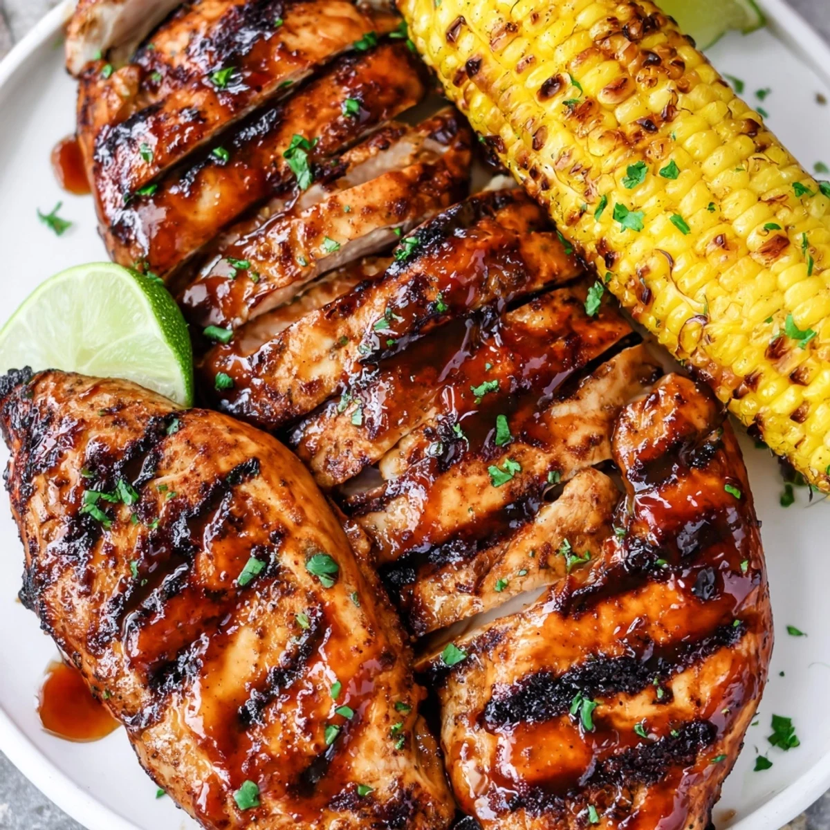 Grilled BBQ Chicken With Corn on plate, smoky glaze and buttered kernels