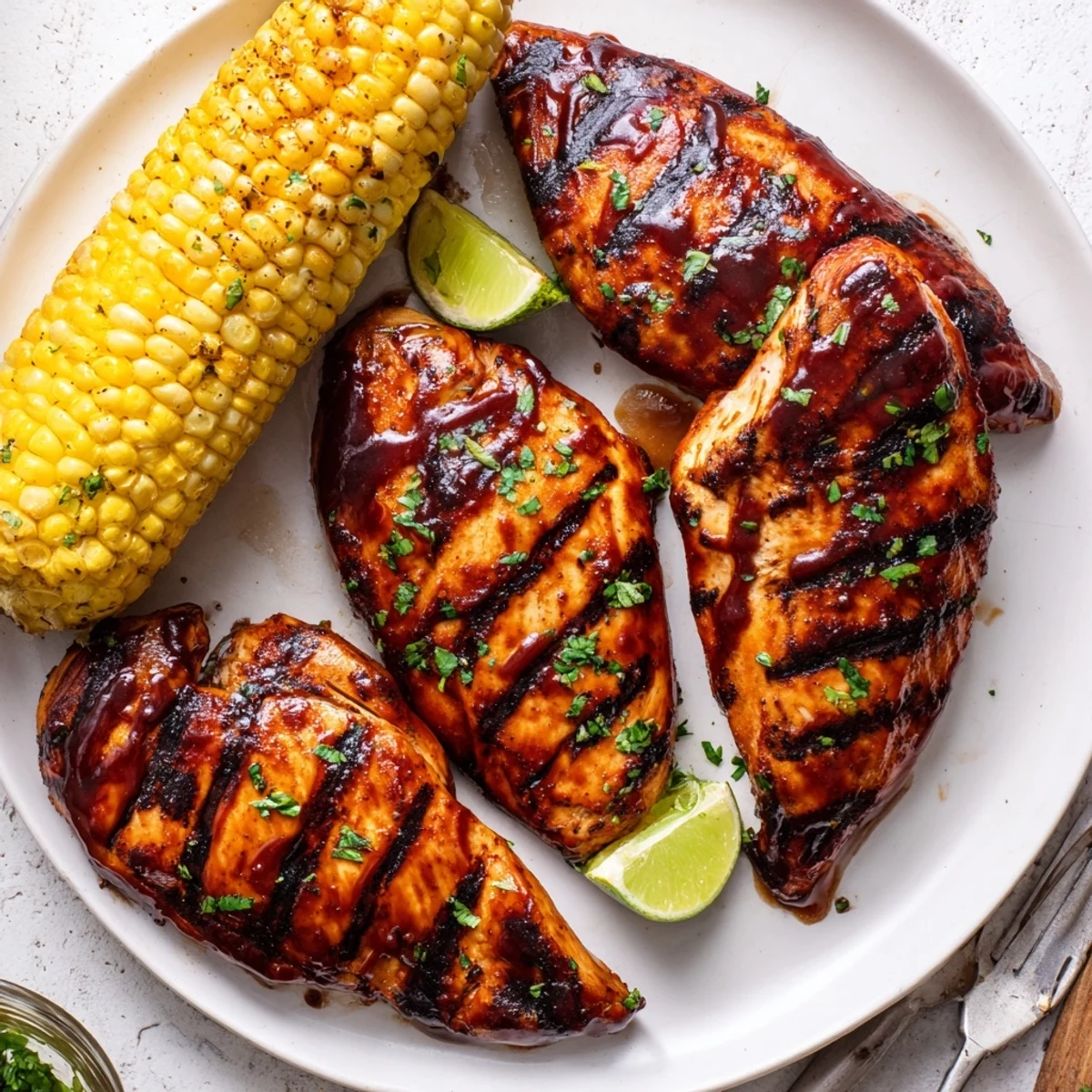 Sliced BBQ Chicken With Corn beside lime wedges, charred grill marks