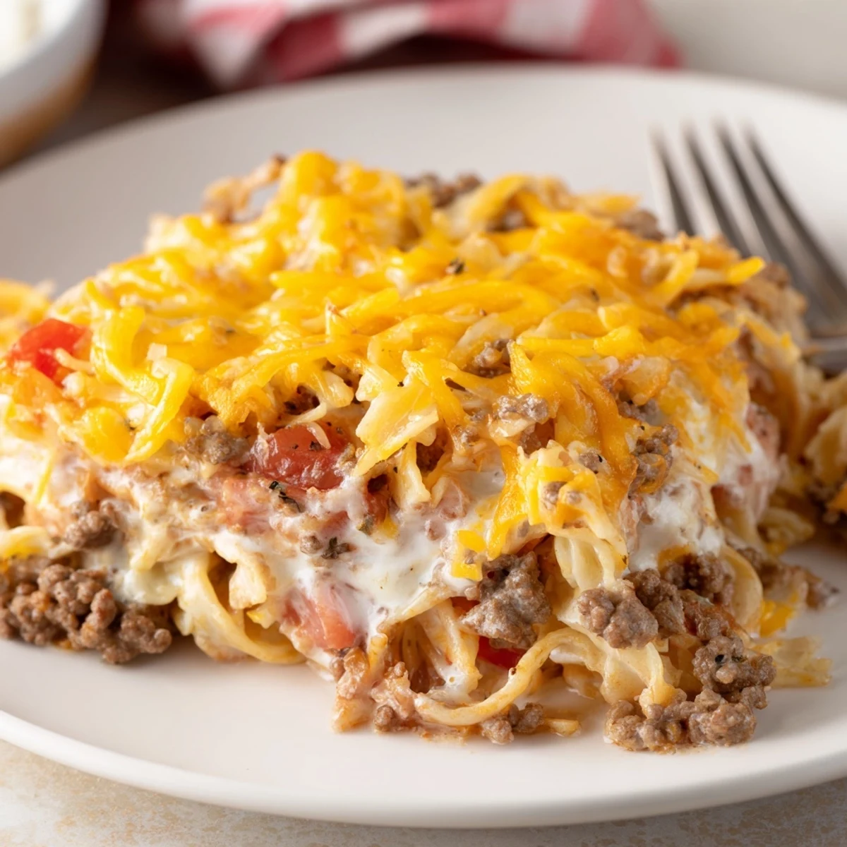 Steaming, warm Beef Lombardi Casserole rests, ready for family dinner