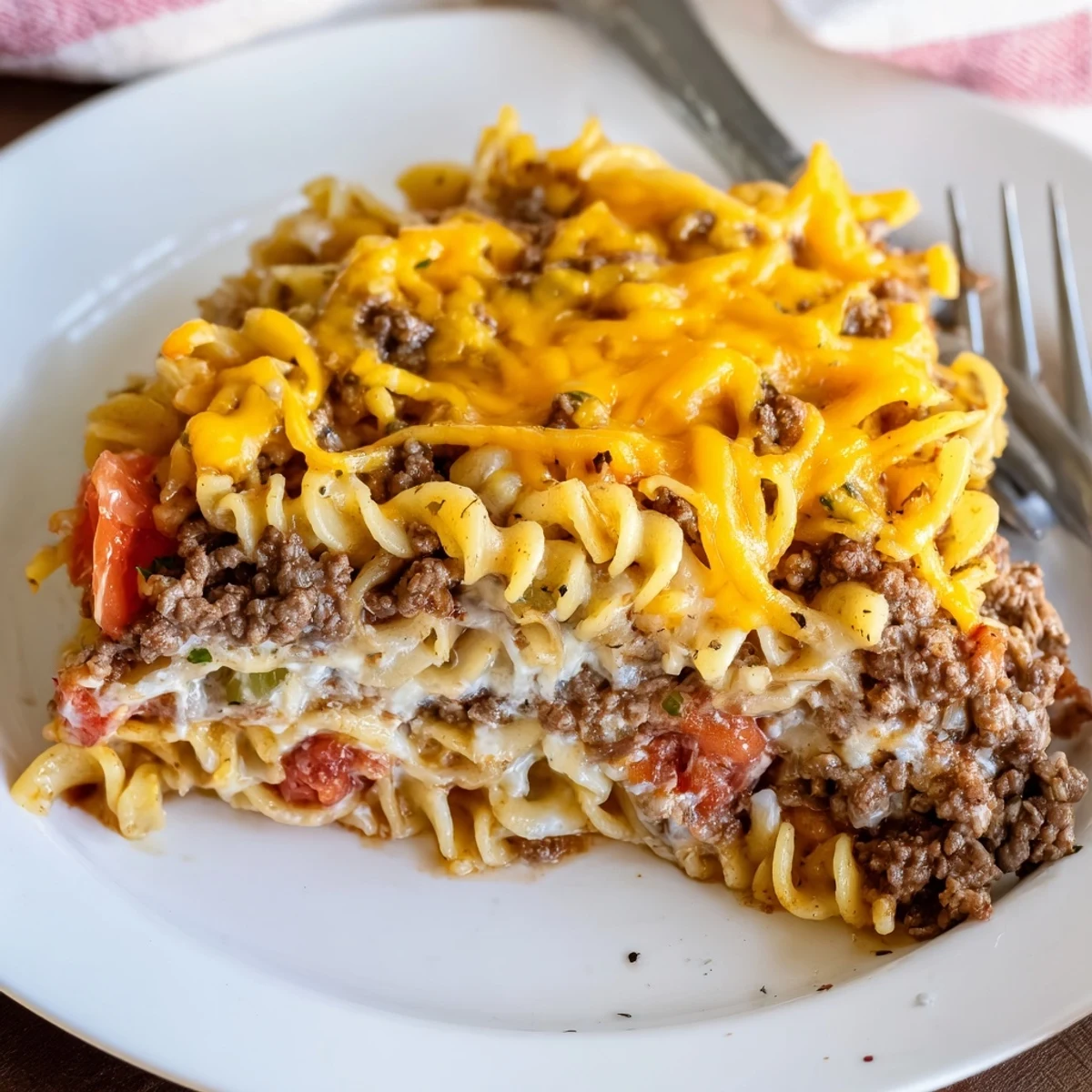 Bubbling with melted cheddar, Beef Lombardi Casserole shows golden edges