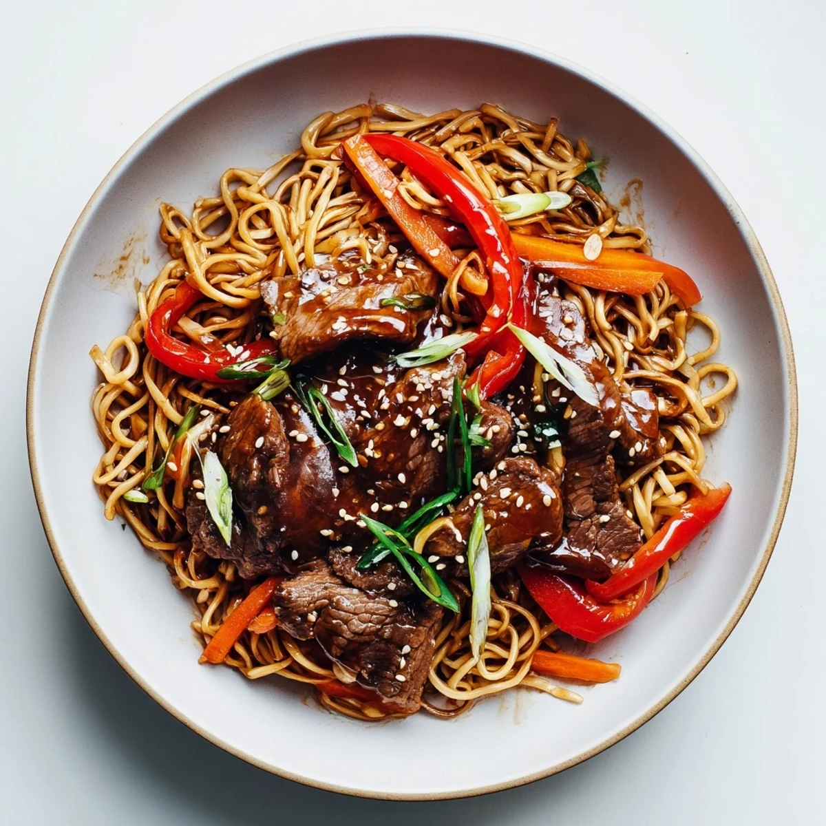 A bowl of Sticky Beef Noodles steaming hot, sesame seeds and scallions