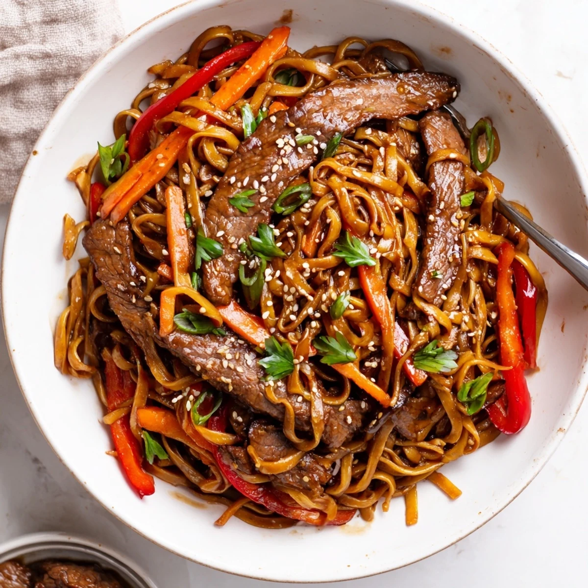 Weeknight-ready Sticky Beef Noodles tossed in honey-hoisin sauce, crunchy carrots