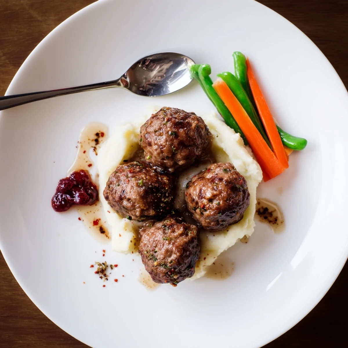 Warm Homemade Ikea Meatballs browned in skillet, served with tangy lingonberry jam