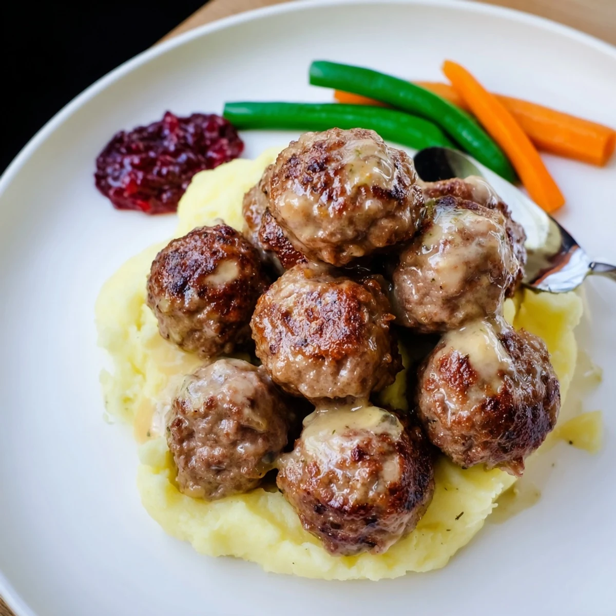 Homemade Ikea Meatballs glistening in creamy gravy over mashed potatoes, steam rising