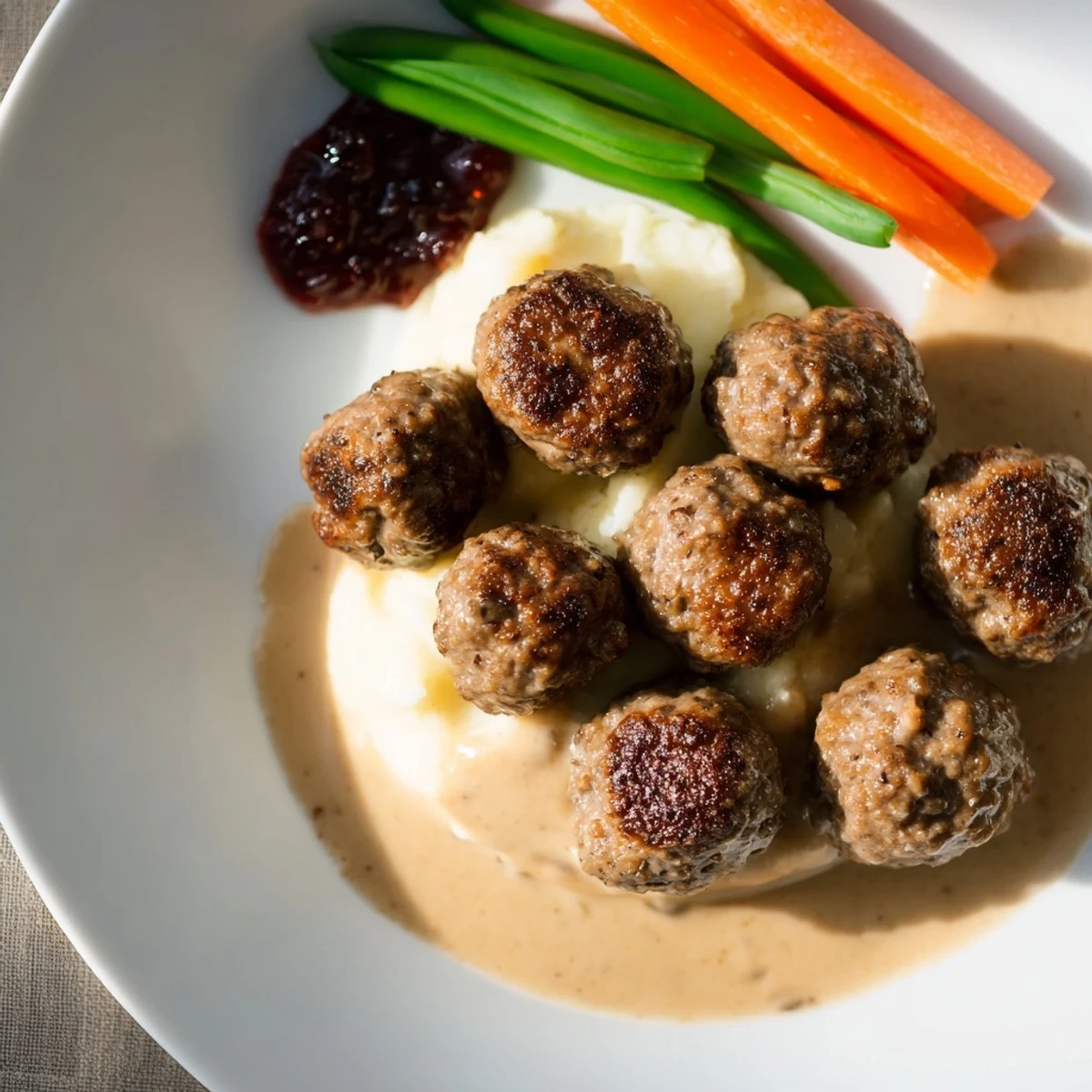 Plate of Homemade Ikea Meatballs coated in velvety sauce, fork-ready, savory aroma