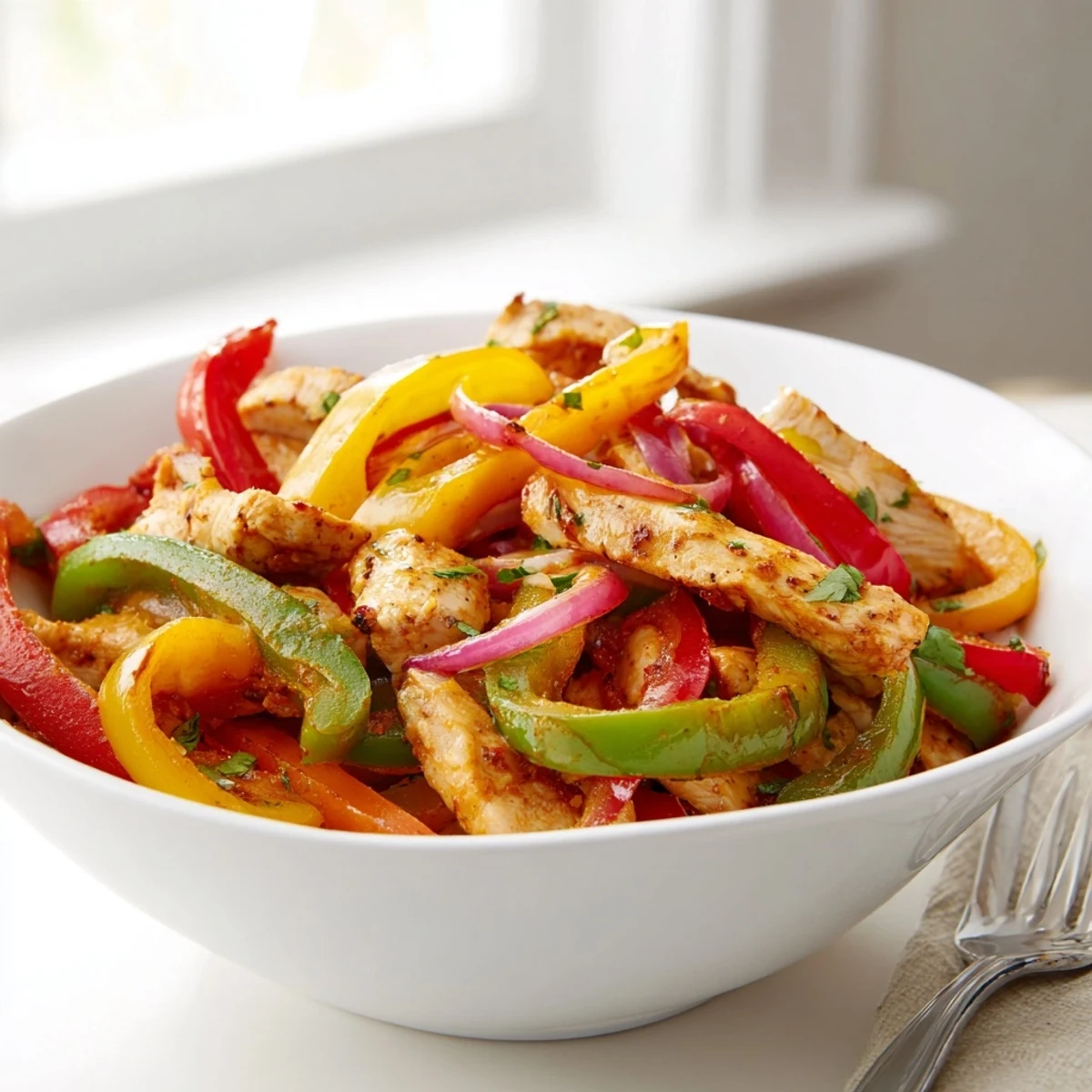Sizzling, spice scented chicken and peppers in Cheesy Baja Chicken Bell Pepper Skillet