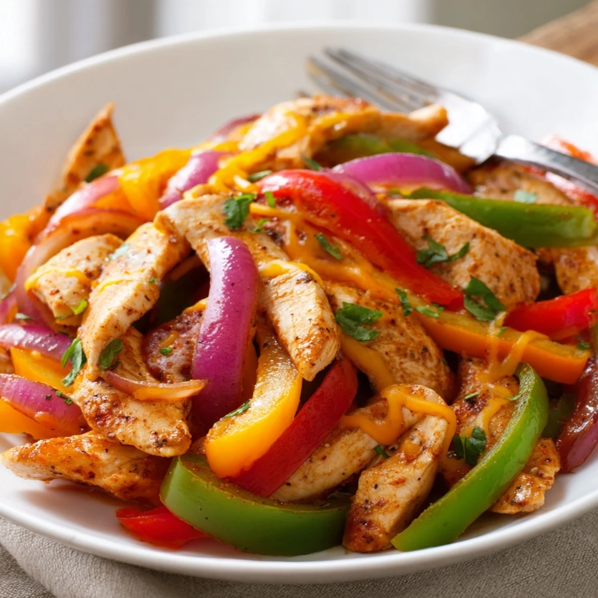 Cheesy Baja Chicken Bell Pepper Skillet served hot with warm corn tortillas and cilantro