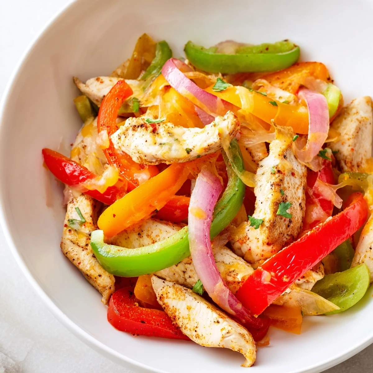 Bright Cheesy Baja Chicken Bell Pepper Skillet topped with cilantro, lime, colorful peppers