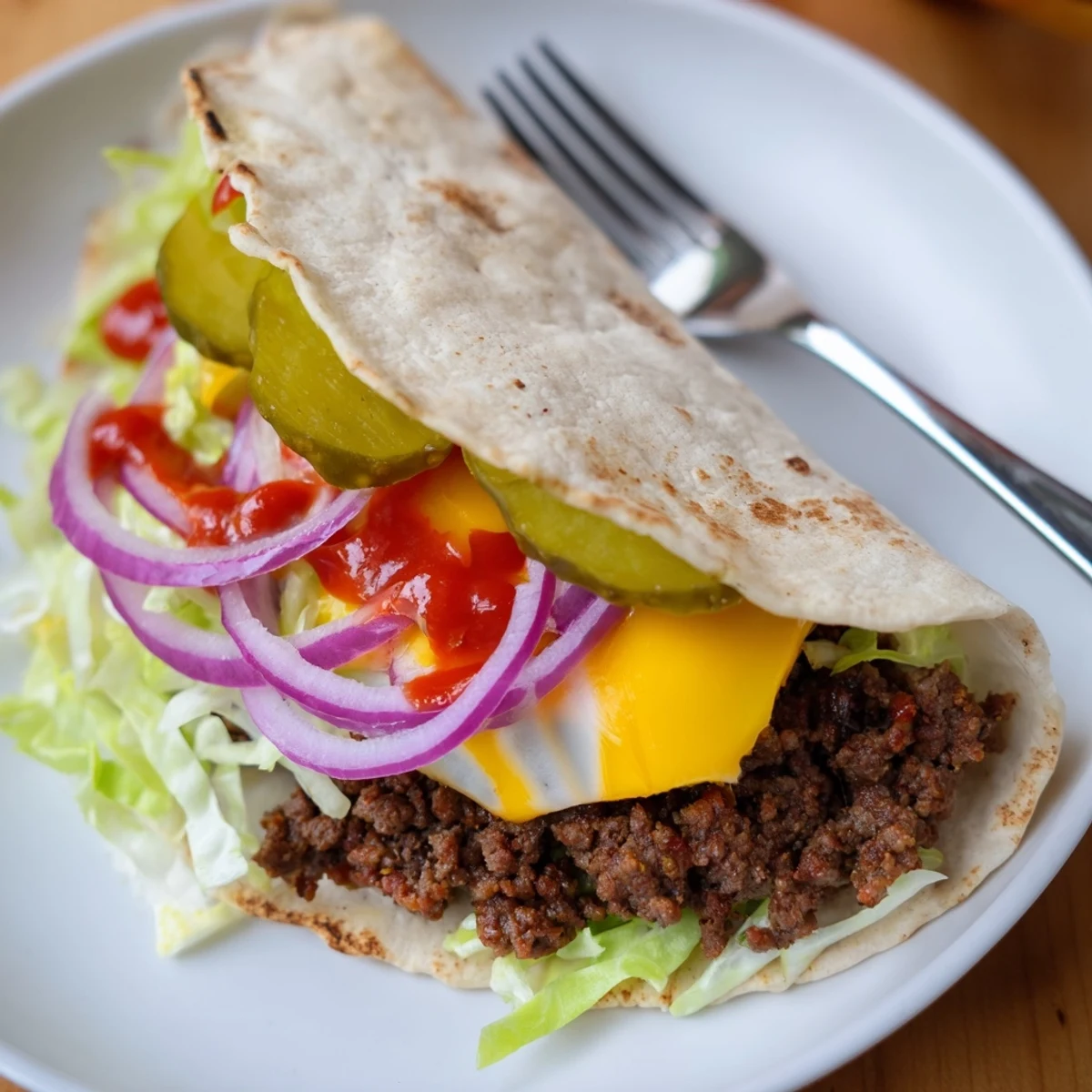 Skillet ready Smash Burger Tacos Recipe with buttery toasted tortillas, crunchy pickles, zingy sauce