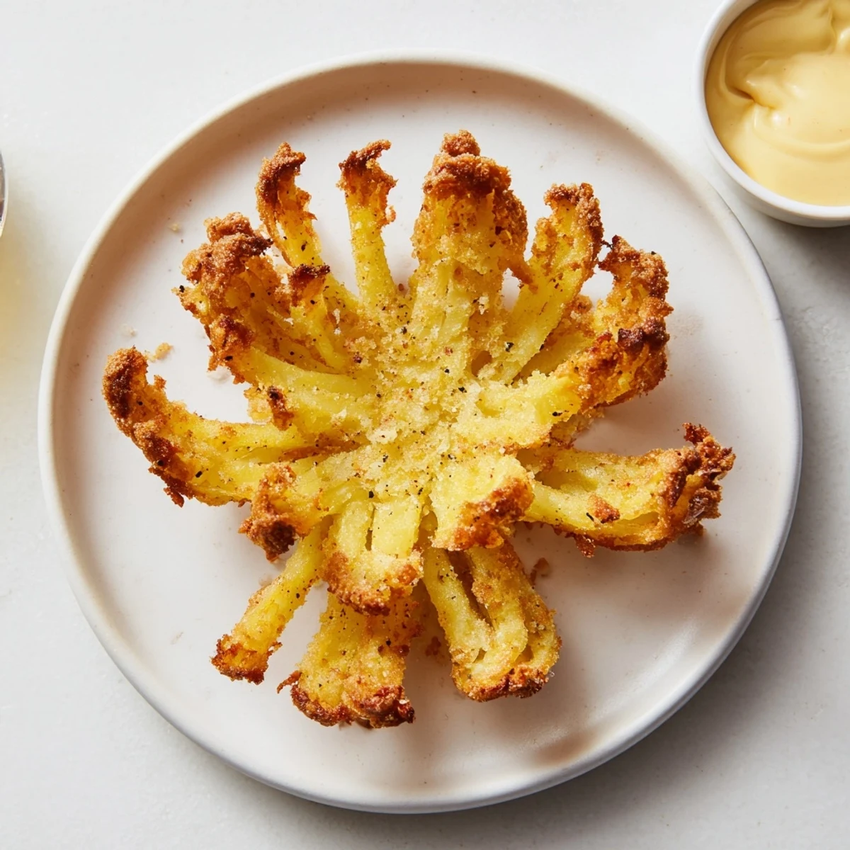 Crispy Mini Bloomin Onions Recipe on a platter, golden petals and dipping sauce