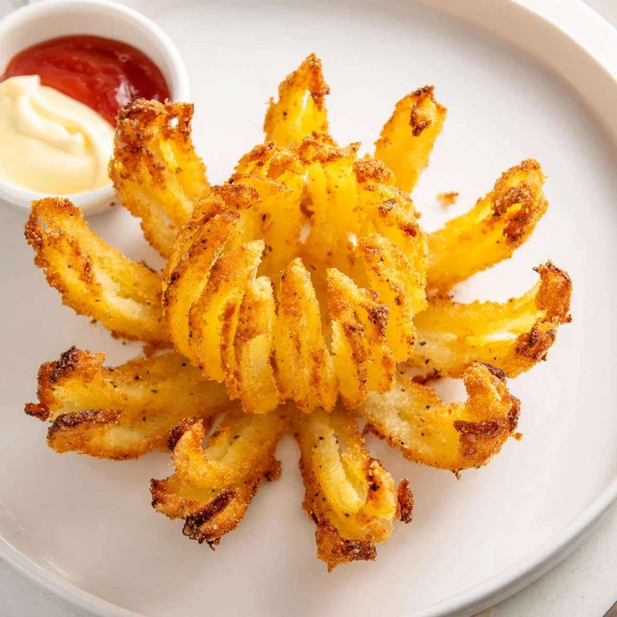 Warm Crispy Mini Bloomin Onions Recipe with smoky horseradish dip, crunchy edges